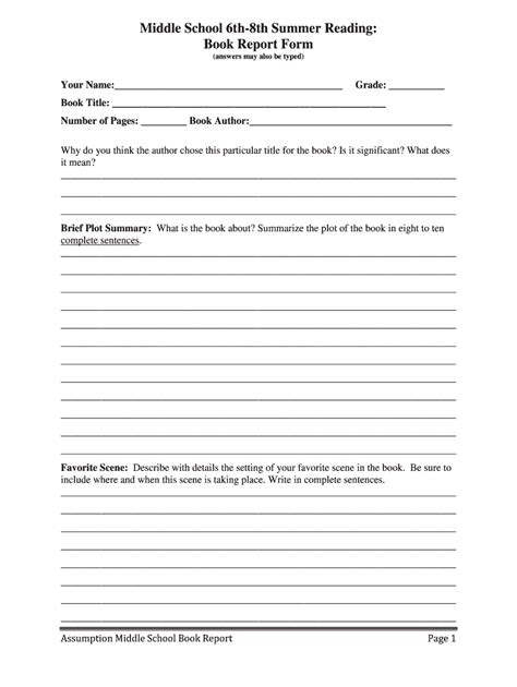 Middle School Book Report Template