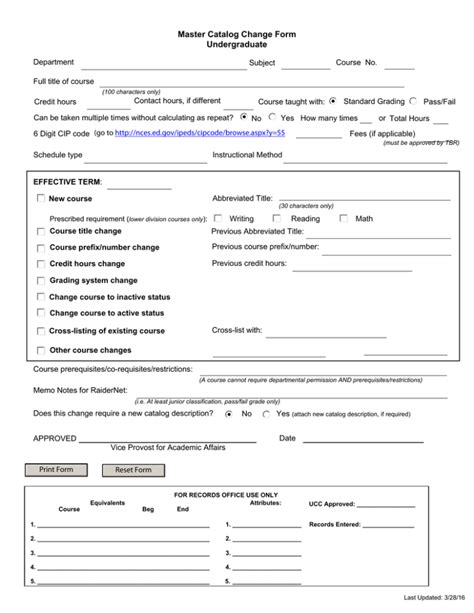 Middle Tennessee State University Master Catalog Change Form