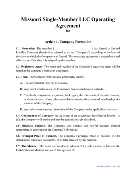 Missouri Llc Operating Agreement Template