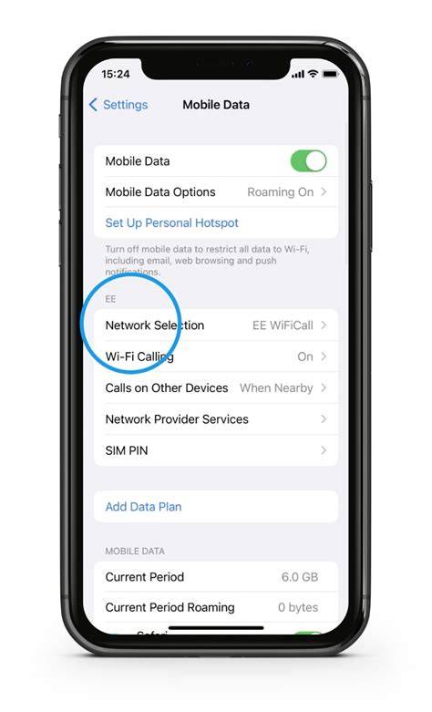Mobile network settings screen