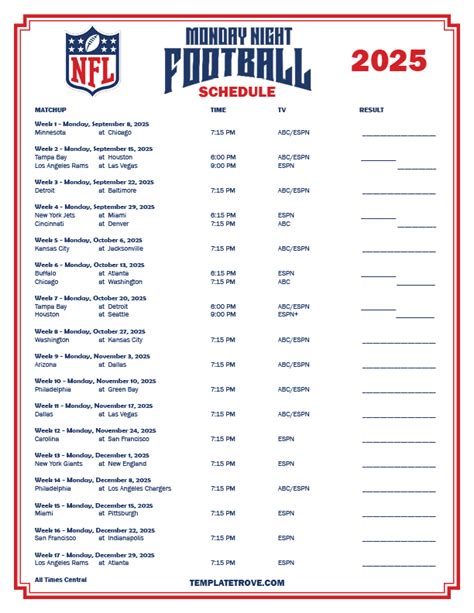 Monday Night Football Printable Schedule