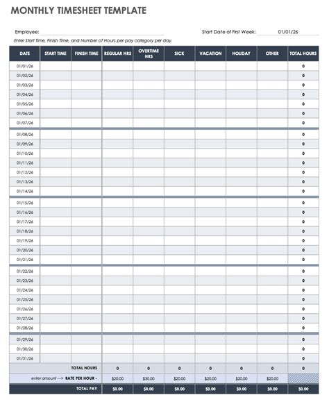 Monthly Timesheet Template Excel