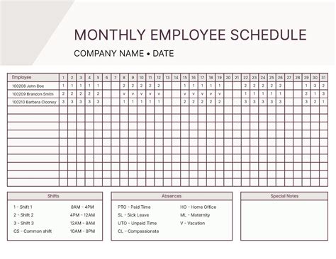 Monthly Work Schedule Template Free