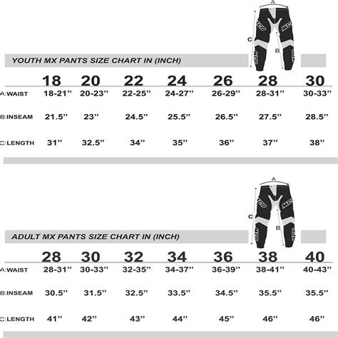 Motocross Pants Size Chart