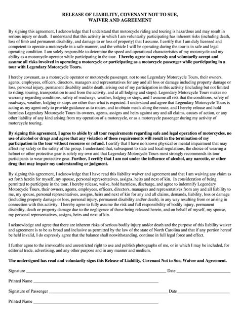 Motorcycle Ride Waiver Template
