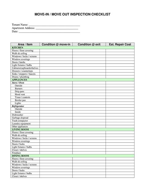 Move In Inspection Checklist Template