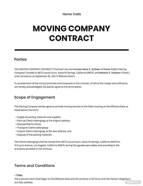 Moving Company Contract Template