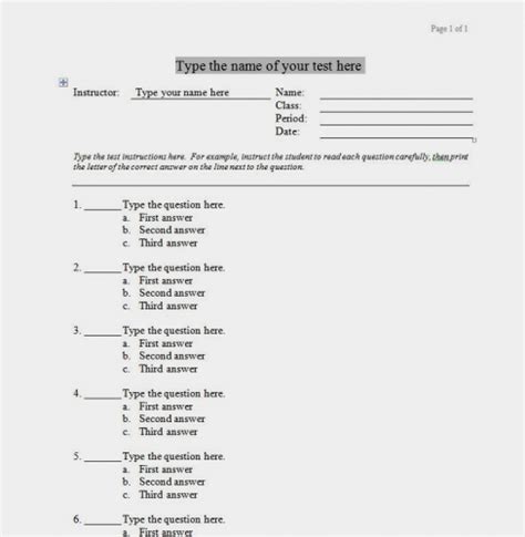 Multiple Choice Test Format Template