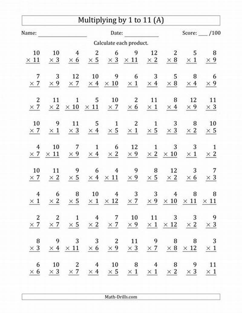 Multiplication Table Test Printable