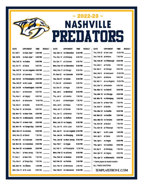 Nashville Predators Schedule Printable