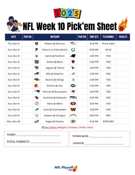 Nfl Schedule 2019 Printable By Week Pick Em Week 10