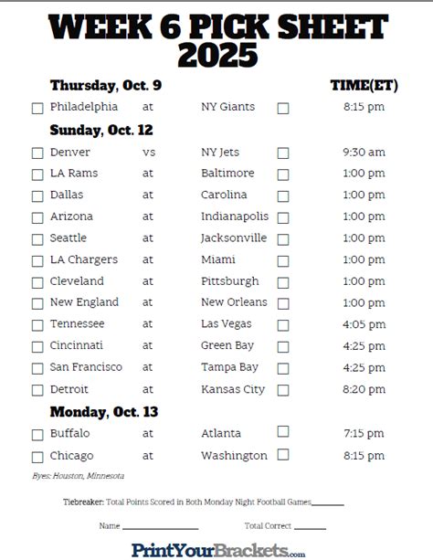 Nfl Schedule Week 6 Printable