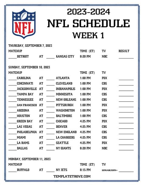 Nfl Week 1 Schedule Printable