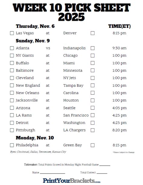 Nfl Week 10 Printable Schedule