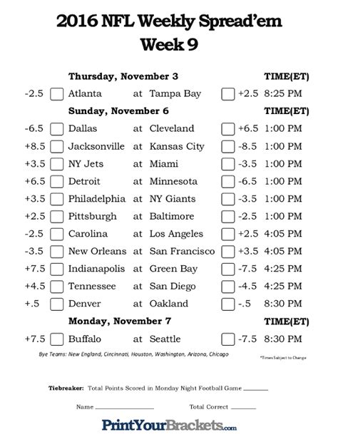 Nfl Week 9 Picks Against The Spread Printable