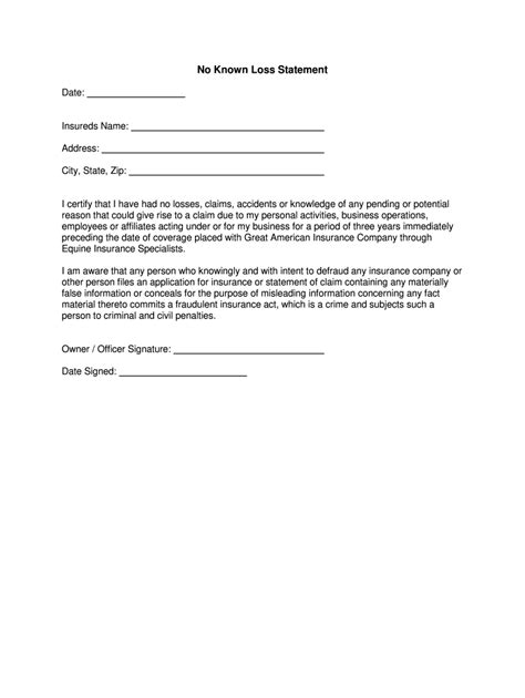 No Known Loss Letter Insurance Template