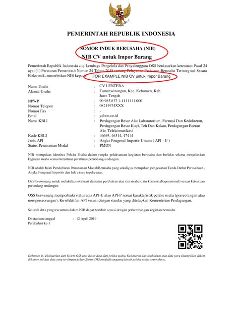 Nomor Induk Berusaha (NIB) Contoh