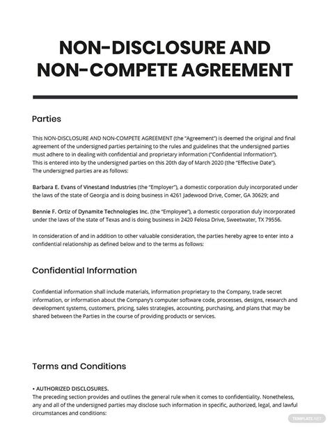 Non Compete And Non Disclosure Agreement Template