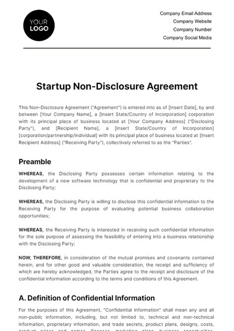 Non Disclosure Agreement Startup Template