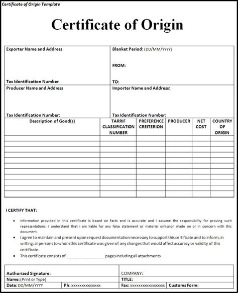 Non Preferential Certificate Of Origin Template