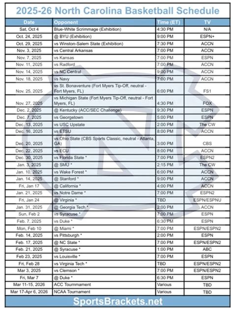 North Carolina Basketball Printable Schedule