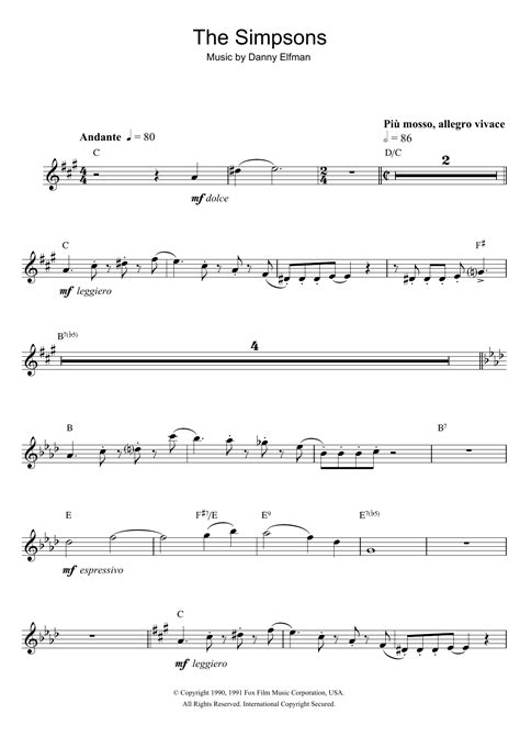 Notes For The Simpsons Intro With Saxophone Printable