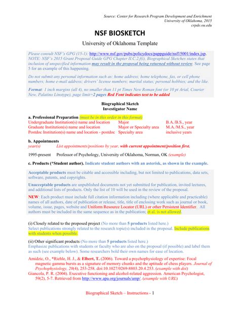 Nsf Biosketch Template