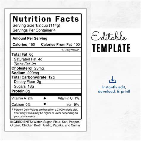 Nutrition facts label mg