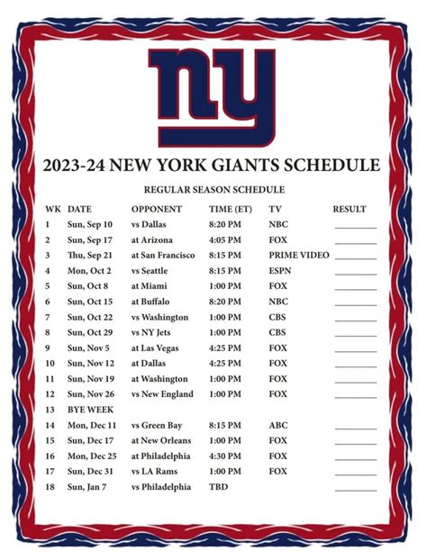 Ny Giants Printable Schedule