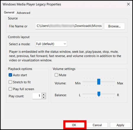 OK Button Windows Media Player Properties