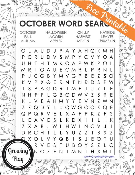 October Word Search Free Printable