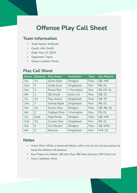 Offense Play Call Sheet Template