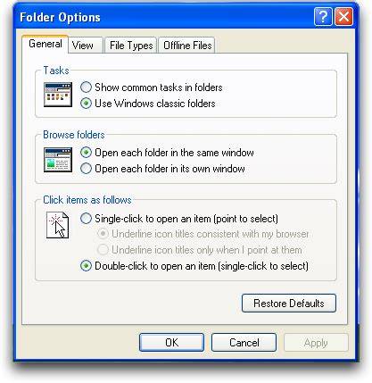 Open Folder Options in Windows XP