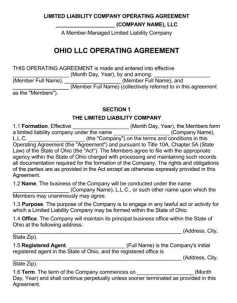 Operating Agreement Llc Ohio Template