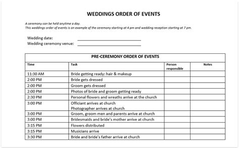 Order Of Events Template