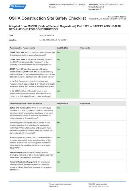 Osha Safety Checklist Template
