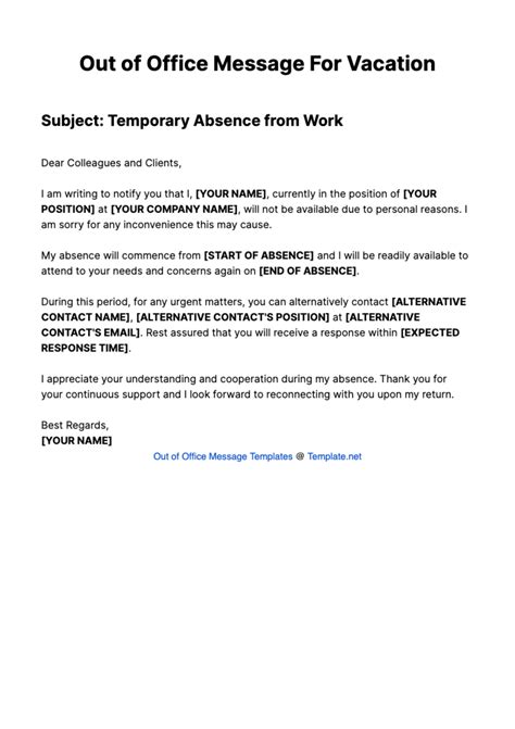 Out Of Office Message Template Vacation