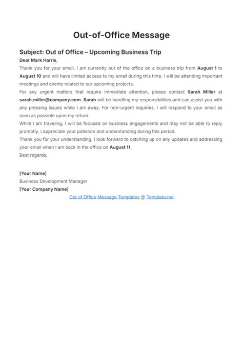 Out Of The Office Message Template