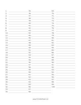 Paper Printable Blank Numbered List 1 - 100
