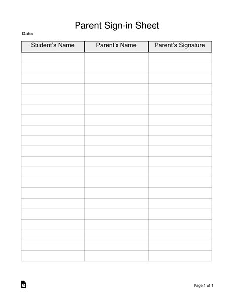 Parent Sign In Sheet Printable
