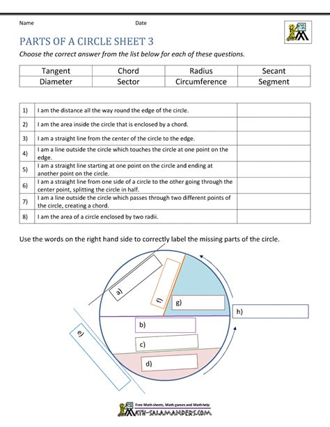Parts Of A Circle Free Printable Worksheet With Answers