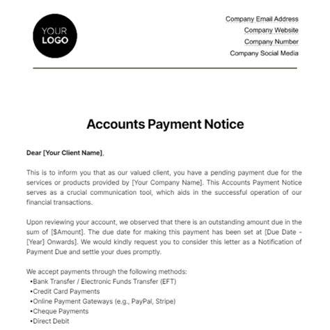 Payment account notification letter