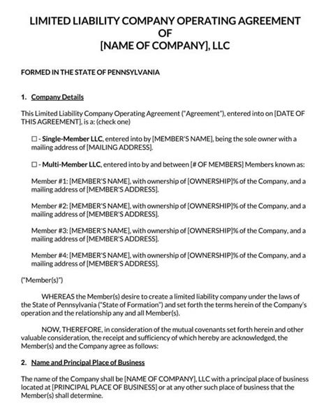 Pennsylvania Llc Operating Agreement Template