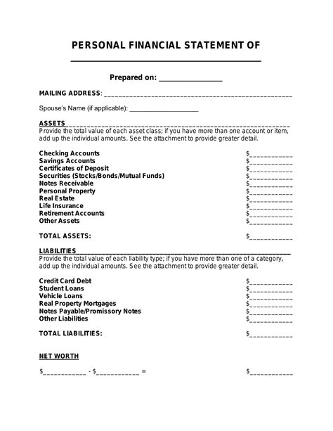 Personal Financial Statement Template Free Download