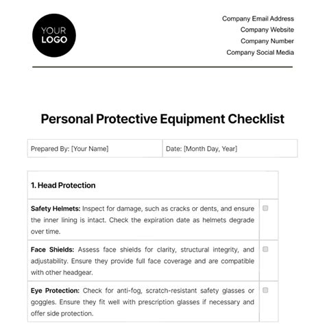 Personal Protective Equipment Checklist Template