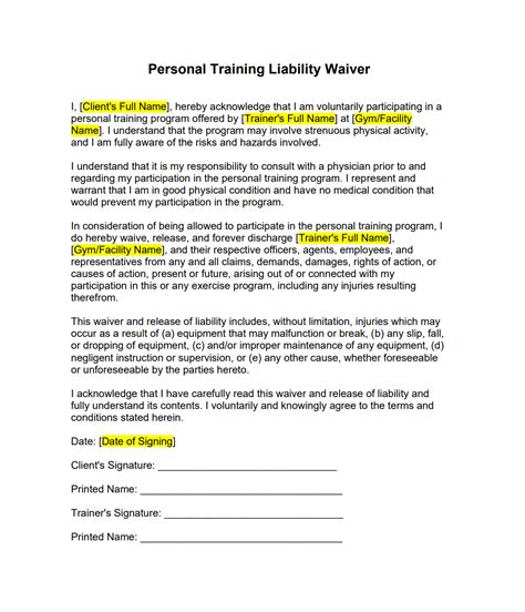 Personal Training Liability Waiver Template