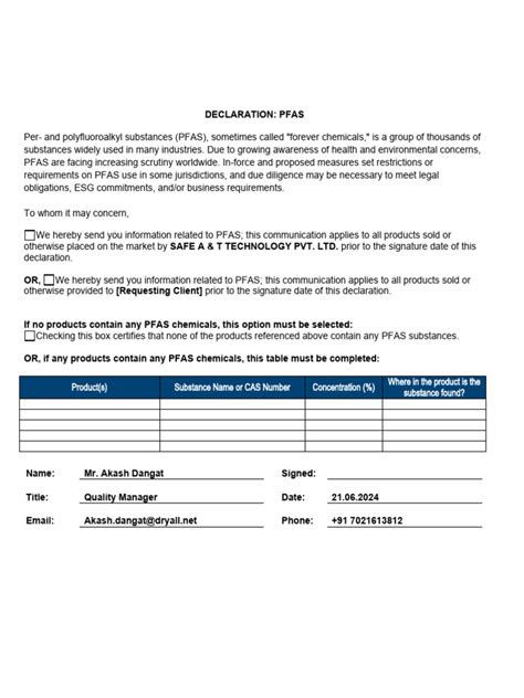 Pfas Declaration Template