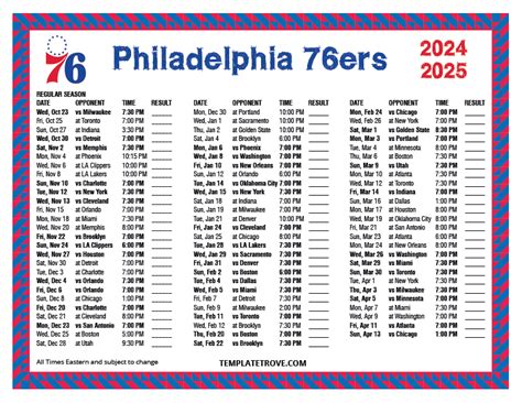 Philadelphia 76ers Printable Schedule
