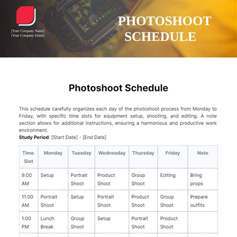 Photoshoot Schedule Template