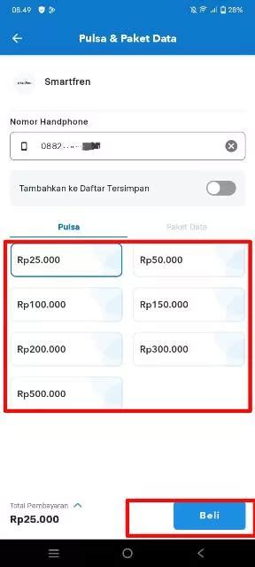 Pilih Nominal Pulsa